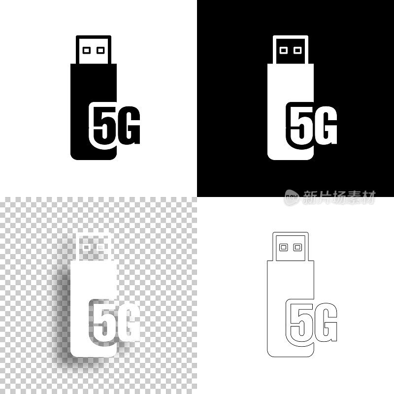 5 g USB调制解调器。图标设计。空白，白色和黑色背景-线图标